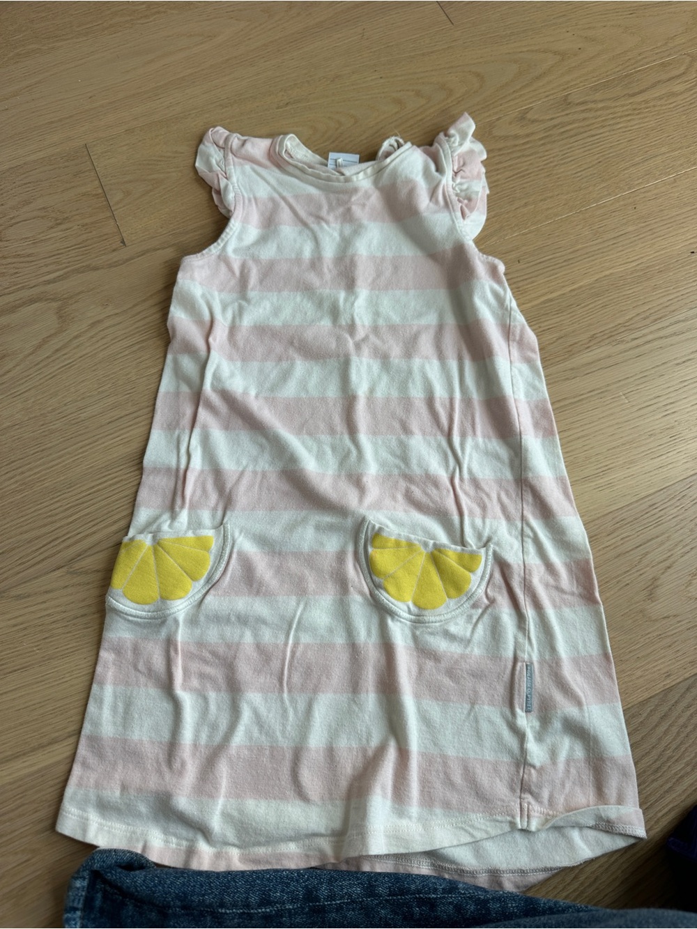Polarn O. Pyret Pink & White Striped Dress with Yellow Lemon Pockets